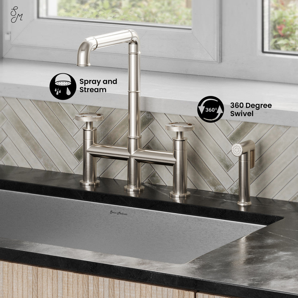 Widespread kitchen faucet in brushed nickel with side sprayer, 360-degree swivel, and spray and stream functions.