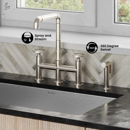 Widespread kitchen faucet in brushed nickel with side sprayer, 360-degree swivel, and spray and stream functions.