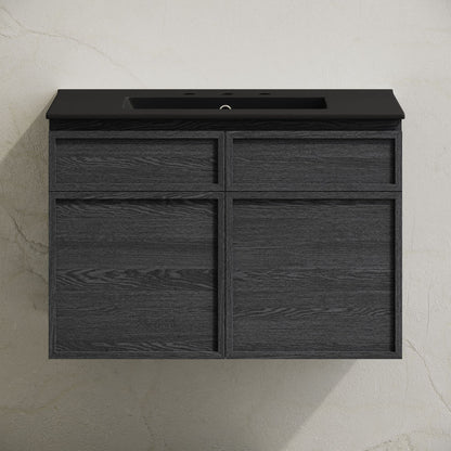 St. Tropez 30" Wall-Mounted Bathroom Vanity in Black Oak with Black 3-Hole Widespread Sink Top