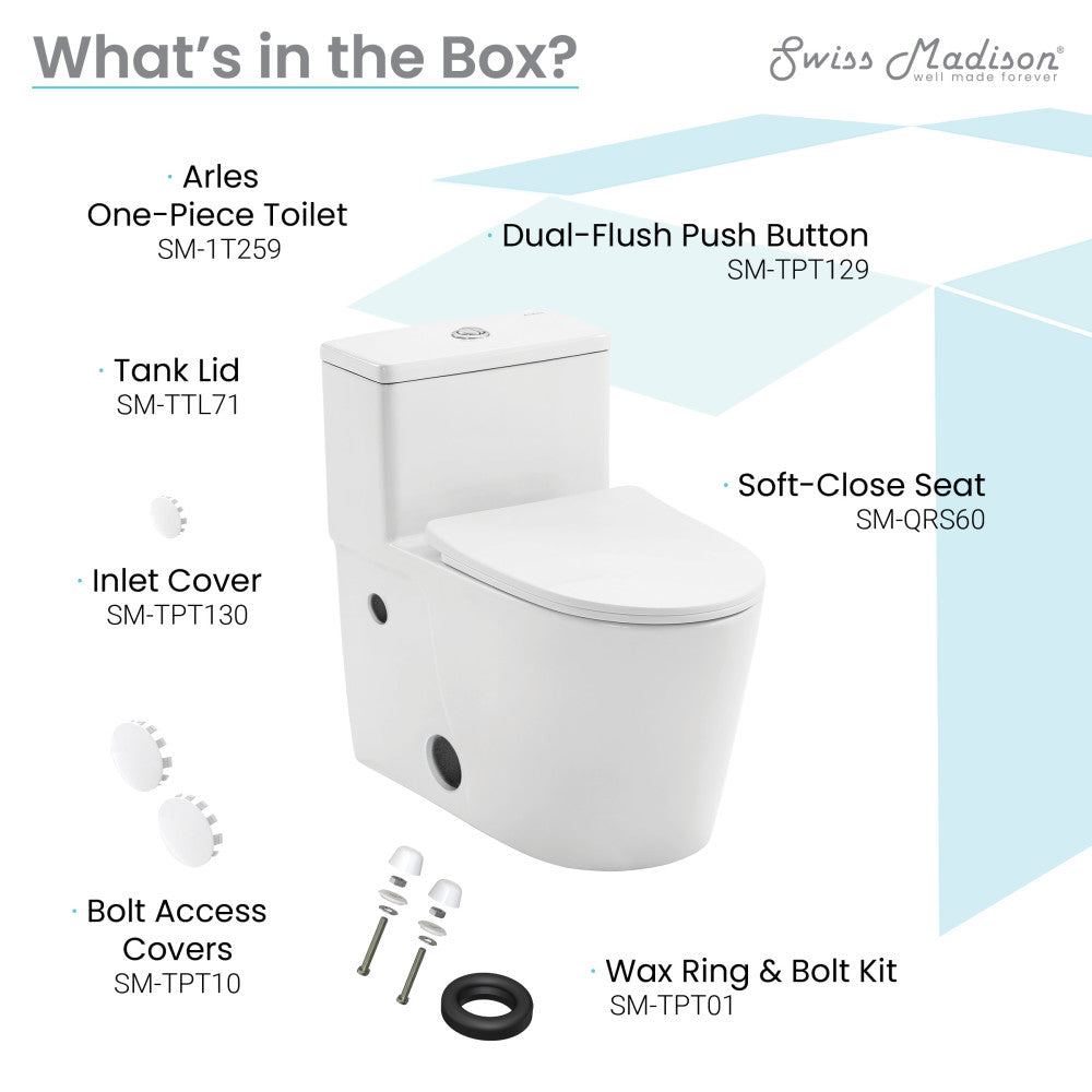 Elongated one-piece toilet, dual-flush, soft-close seat, compact design.