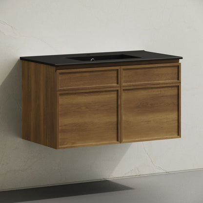 St. Tropez 36" Wall-Mounted Bathroom Vanity in Brown Oak with Black Sink Top