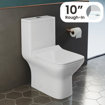 Elongated one-piece square toilet with dual-flush and 10" rough-in, white ceramic.