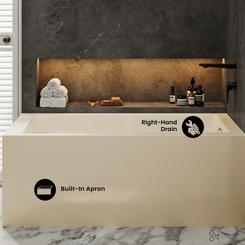 Voltaire 60 x 32 Right Drain Soaking Alcove Corner Apron Bathtub in Glossy Bisque