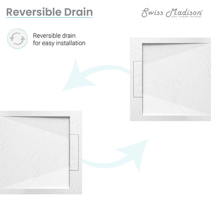 36"x36" rectangular shower base with reversible drain, textured white surface.
