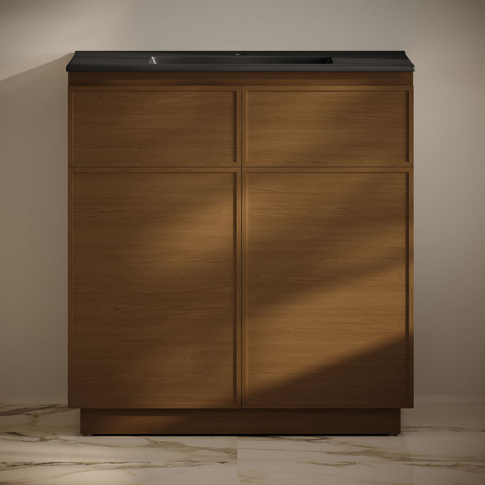 St. Tropez 36" Freestanding Bathroom Vanity in Brown Oak with Black Sink Top