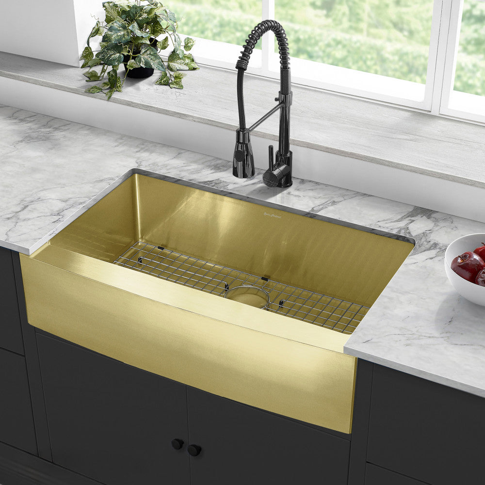 Rivage 36 x 21 Stainless Steel, Single Basin, Farmhouse Kitchen Sink with Apron in Gold