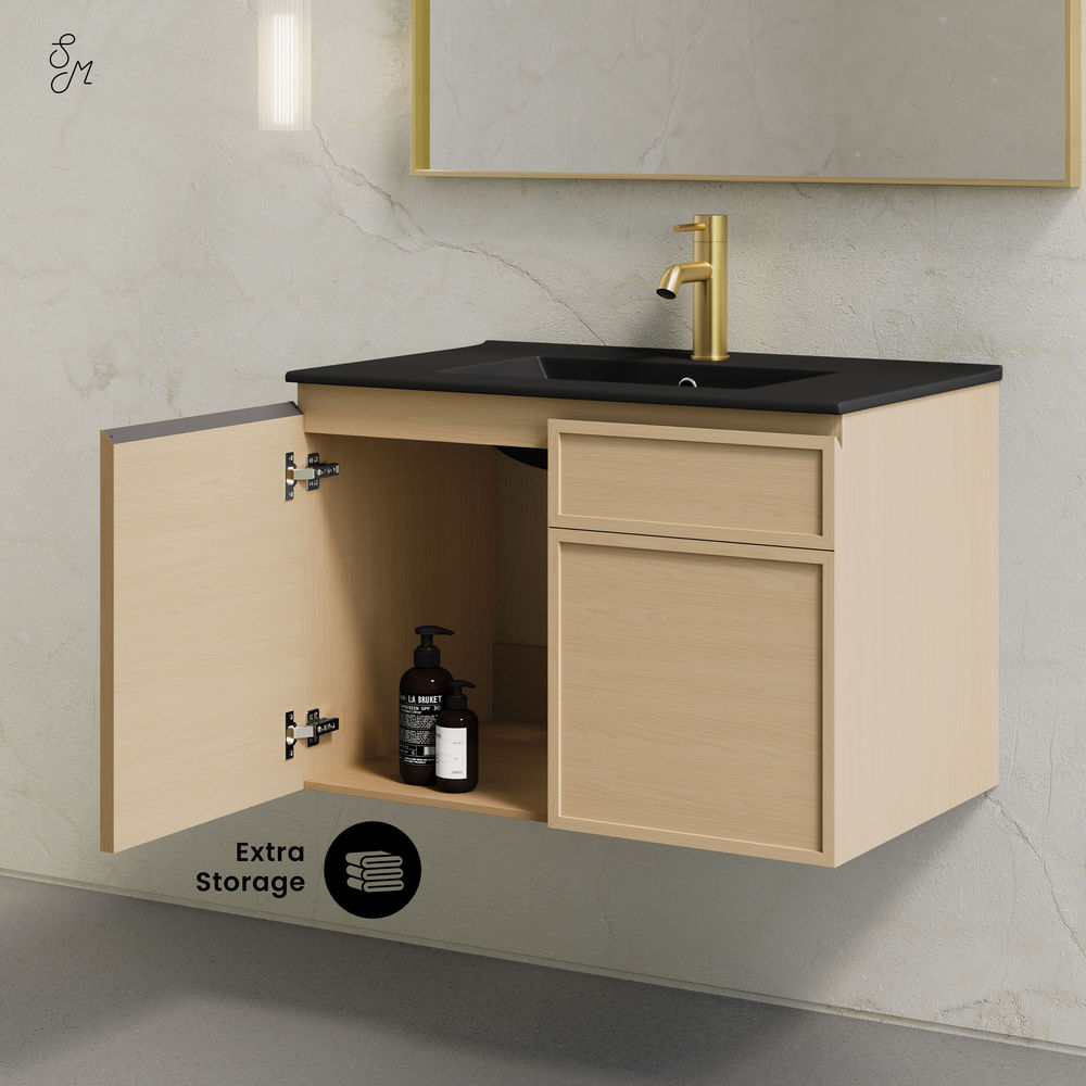 St. Tropez 30" Wall-Mounted Bathroom Vanity in Natural Oak with Black Sink Top