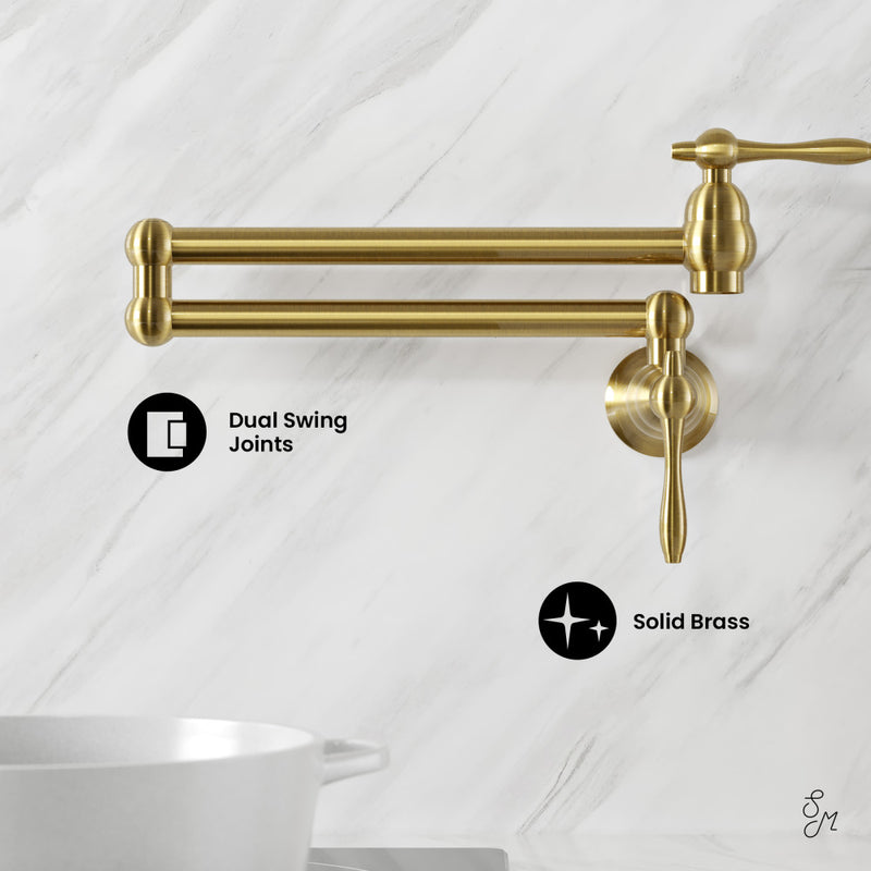 Plaisir Retractable Wall Mount Pot Filler Faucet in Brushed Gold