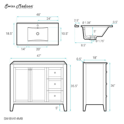 Cannes 48 in. White Bathroom Vanity With Black Ceramic Sink Top