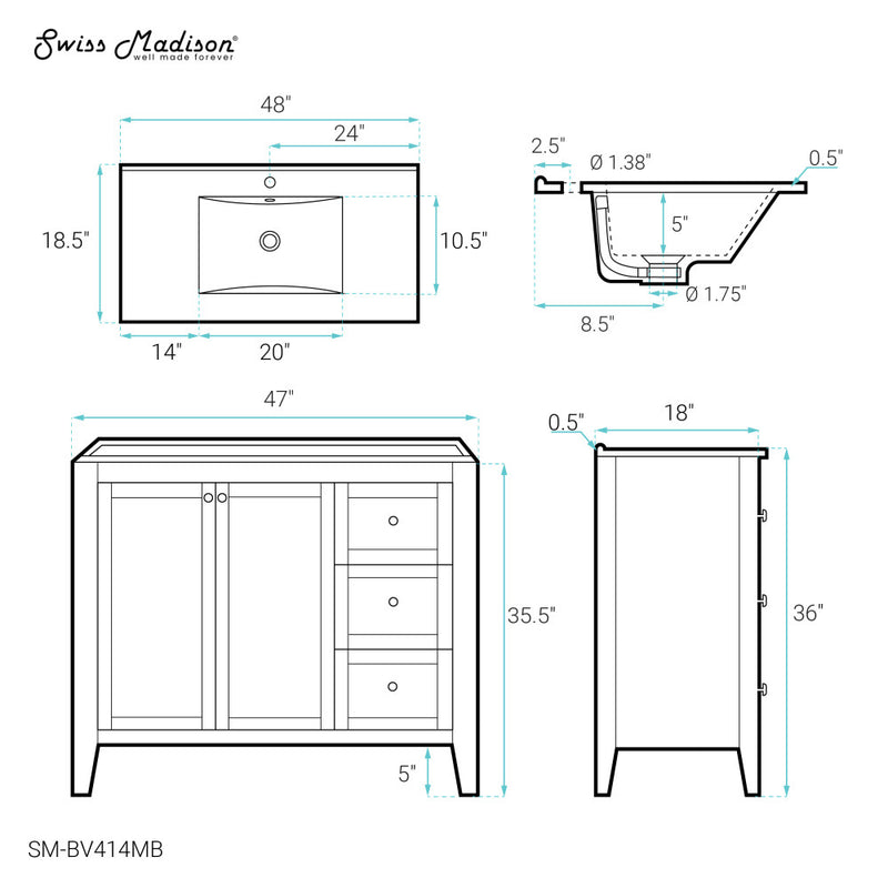 Cannes 48 in. White Bathroom Vanity With Black Ceramic Sink Top