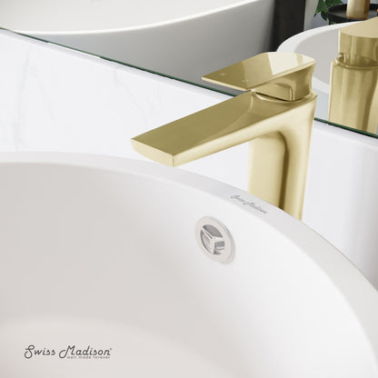 Single-handle high arc bathroom faucet in brushed gold with sleek modern design.