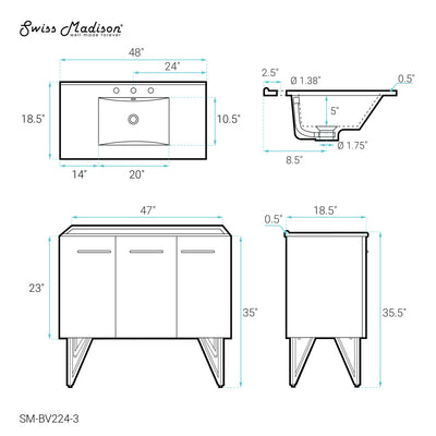 Annecy 48 in. Black Walnut Bathroom Vanity With White, 3-Hole Ceramic Sink Top