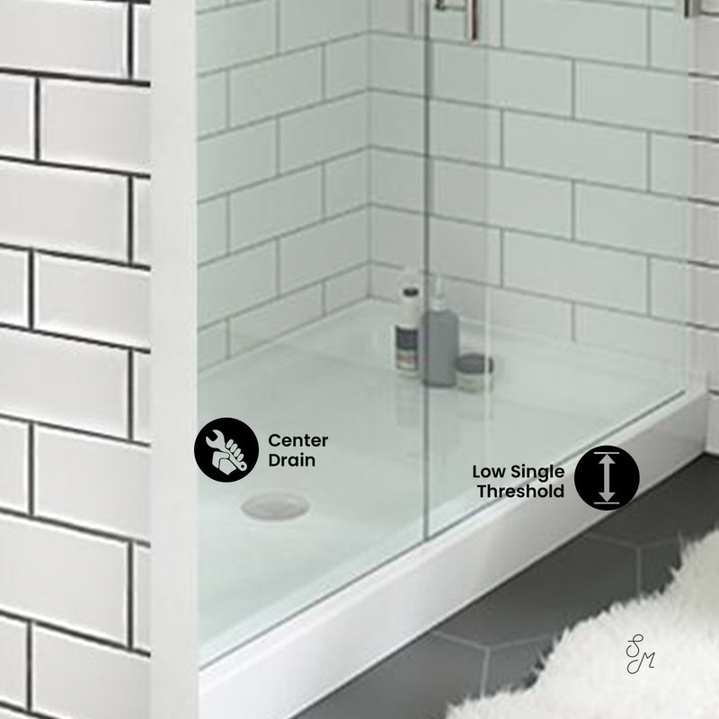 Voltaire 60" x 36" Acrylic White, Single-Threshold, Center Drain, Shower Base