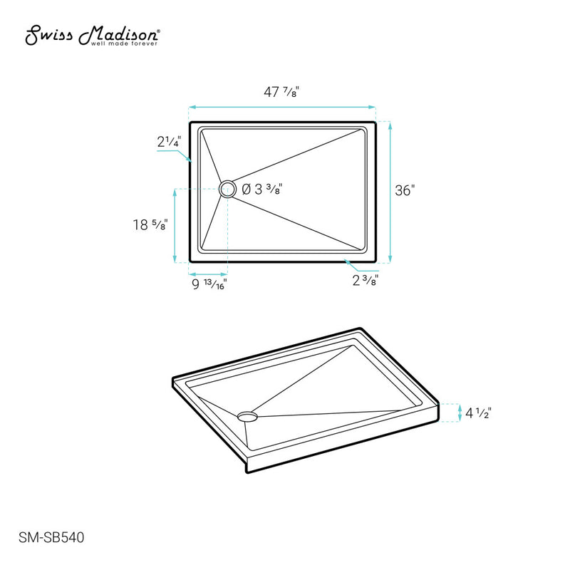 Carre 48" x 36" Acrylic White, Single-Threshold, Left Drain, Shower Base