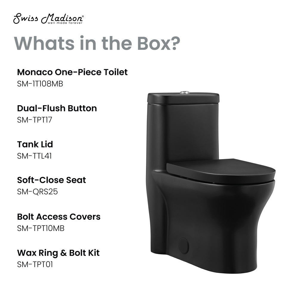 Elongated one-piece toilet in matte black with dual-flush button and soft-close seat.
