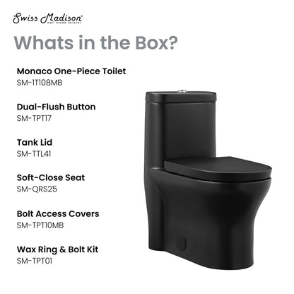 Elongated one-piece toilet in matte black with dual-flush button and soft-close seat.