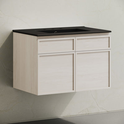 St. Tropez 30" Wall-Mounted Bathroom Vanity in White Oak with Black 3-Hole Widespread Sink Top