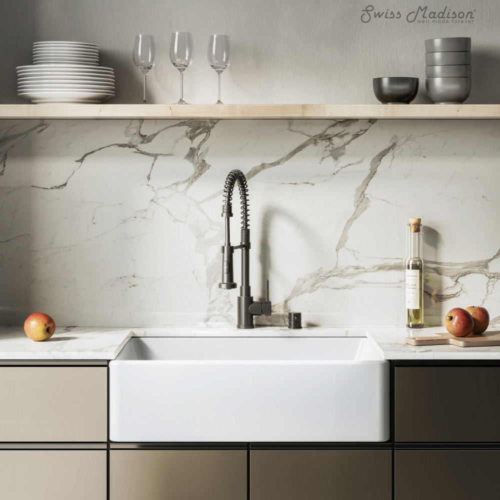 Elegance 30" x 20" Single Basin Fireclay Farmhouse Kitchen Sink in Glossy White with Stainless Steel Grid