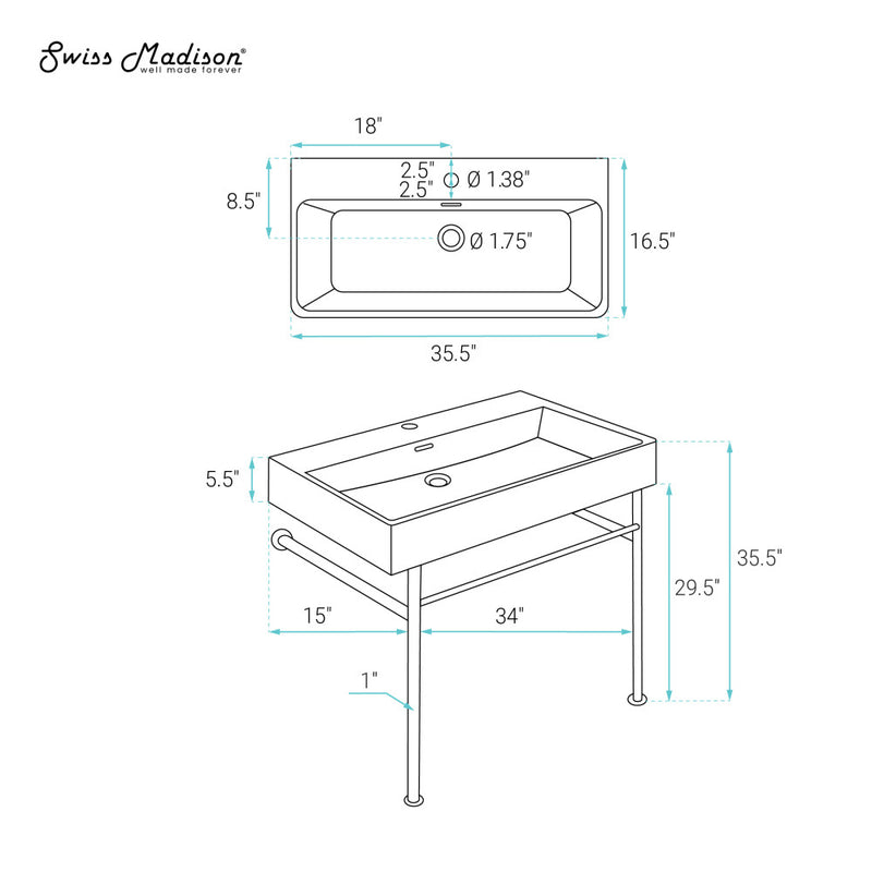 Carre 36 Ceramic Console Sink White Basin Chrome Legs