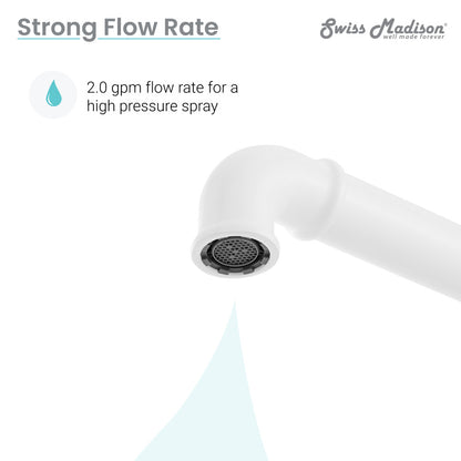 Widespread kitchen faucet with side sprayer in matte white, high pressure spray, 2.0 gpm flow rate.