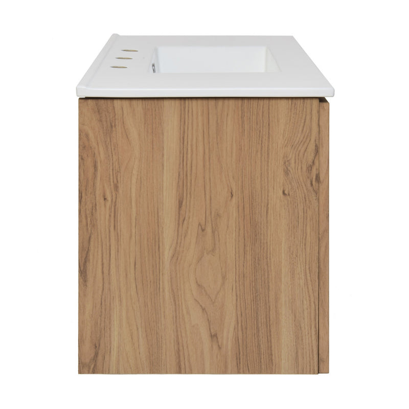 Classe 36 in. Brown Oak Wall Hung Bathroom Vanity With White, 3-Hole Ceramic Sink Top