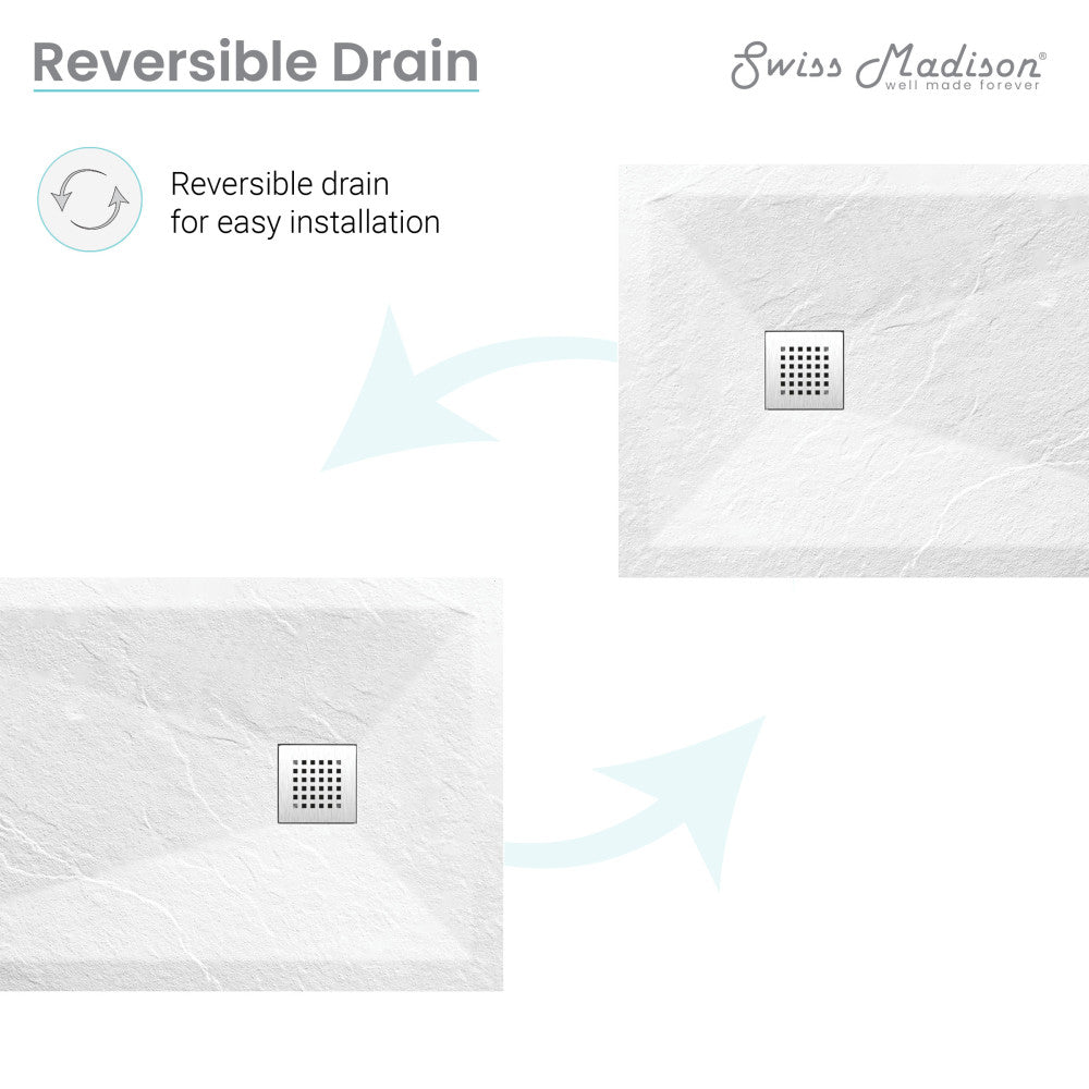 60-inch by 36-inch rectangular shower base in white, textured surface with reversible center drain.