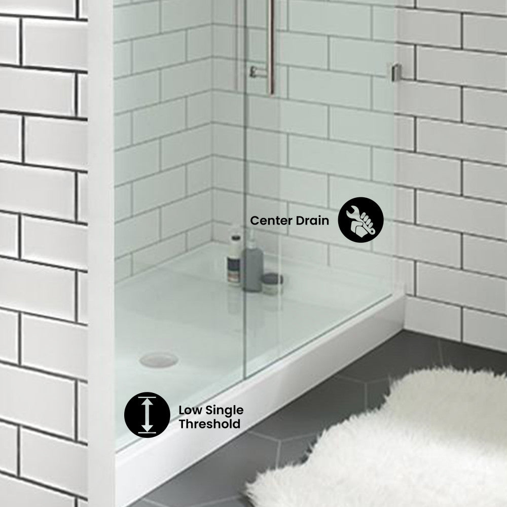 Voltaire 48" x 32" Acrylic White, Single-Threshold, Center Drain, Shower Base