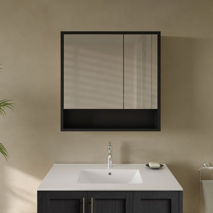 Delice 30 x 30 Rectangle Wall Mount Medicine Cabinet in Satin Black with Open Shelf