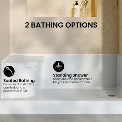 Aquatique 60" x 32" Single Threshold Shower Base With Right Hand Drain and Integral Left Hand Seat in White