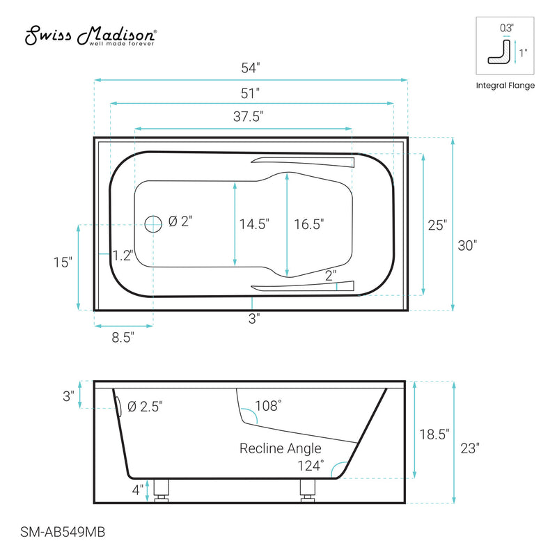 Voltaire 54" x 30" Left-Hand Drain Alcove Bathtub with Apron in Matte Black