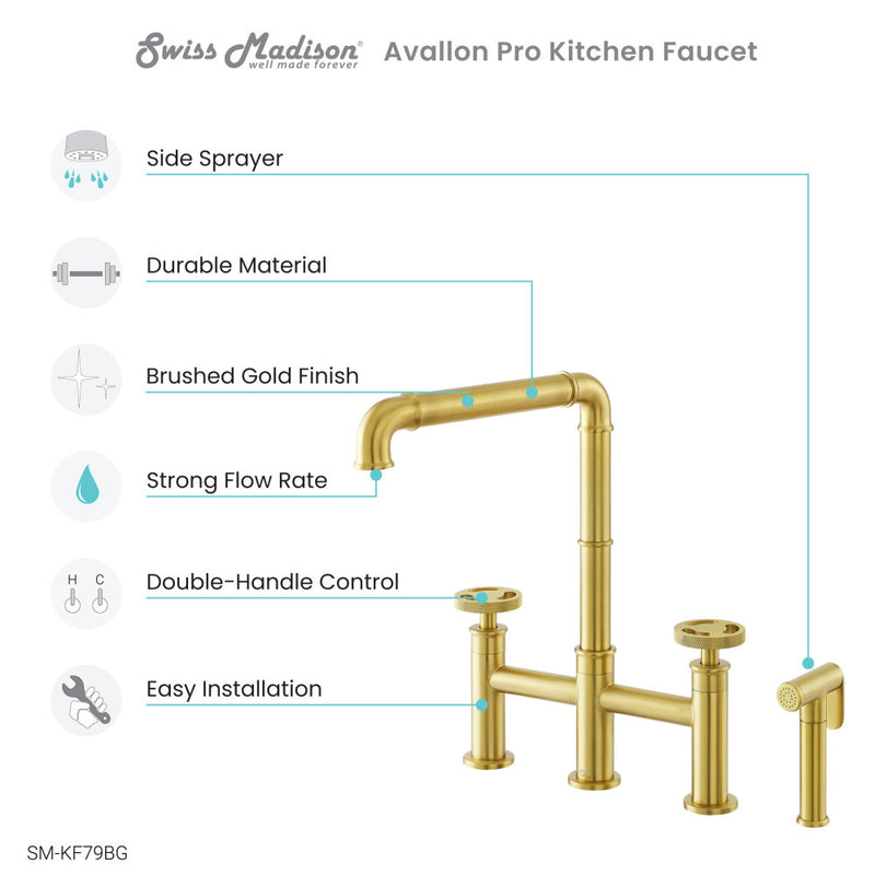 Avallon Pro Widespread Kitchen Faucet with Side Sprayer in Brushed Gold