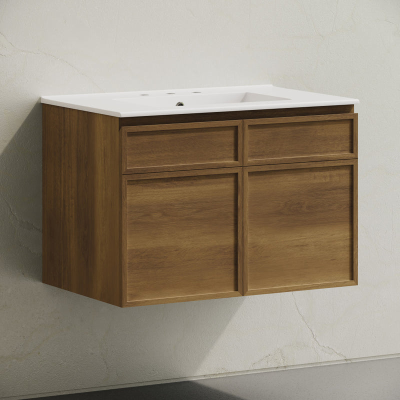 St. Tropez 30" Wall-Mounted Bathroom Vanity in Brown Oak with 3-Hole Widespread Sink Top