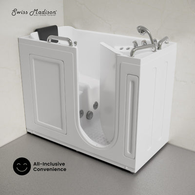 Auvergne 53" x 27" ADA Right Drain Walk-in Soaking Bathtub with Massage Jets in Glossy White, Faucet Set, Drain, Grab Bars, Pillow Included