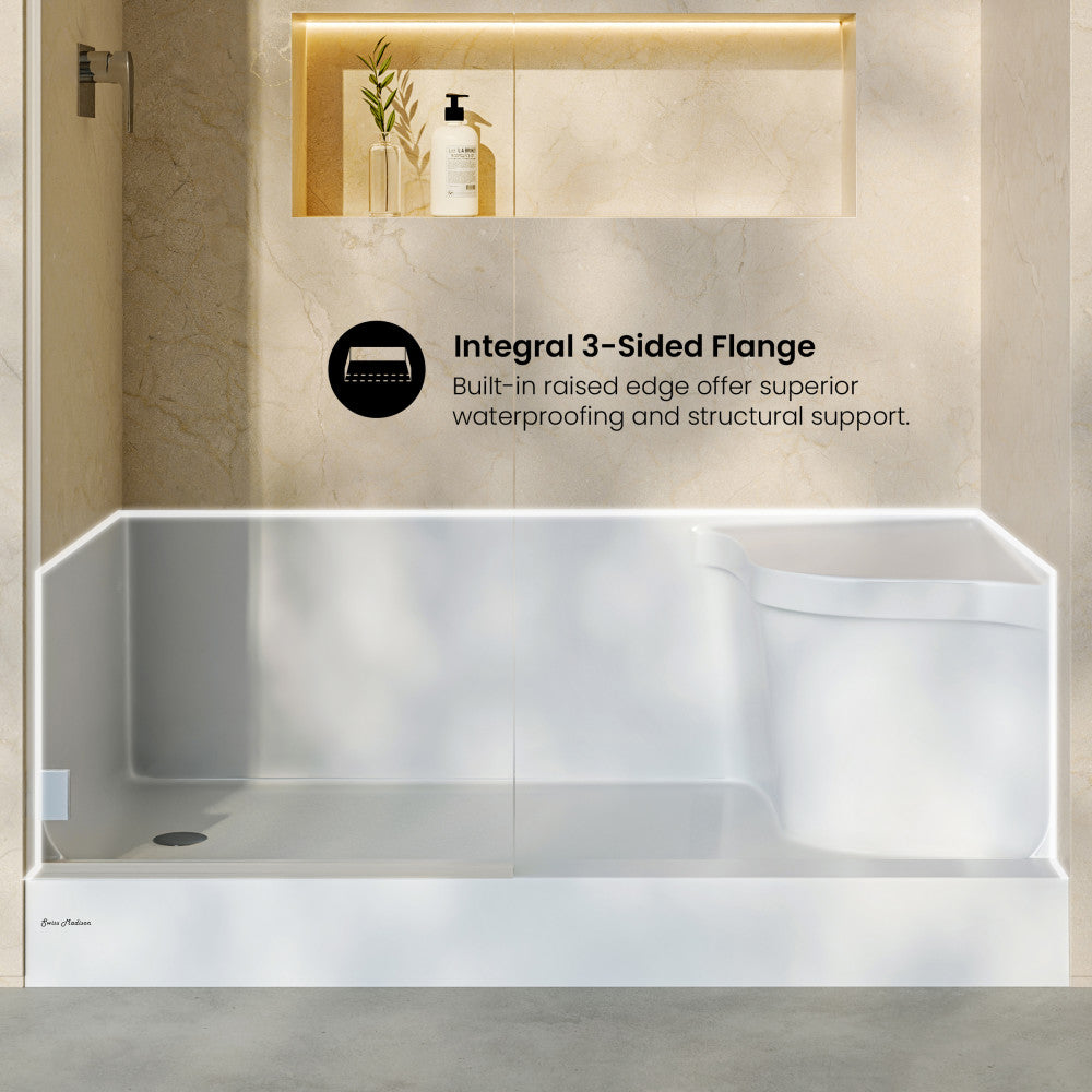 Aquatique 60" x 32" Single Threshold Shower Base With Left Hand Drain and Integral Right Hand Seat in White