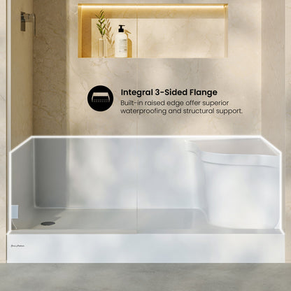 Aquatique 60" x 32" Single Threshold Shower Base With Left Hand Drain and Integral Right Hand Seat in White