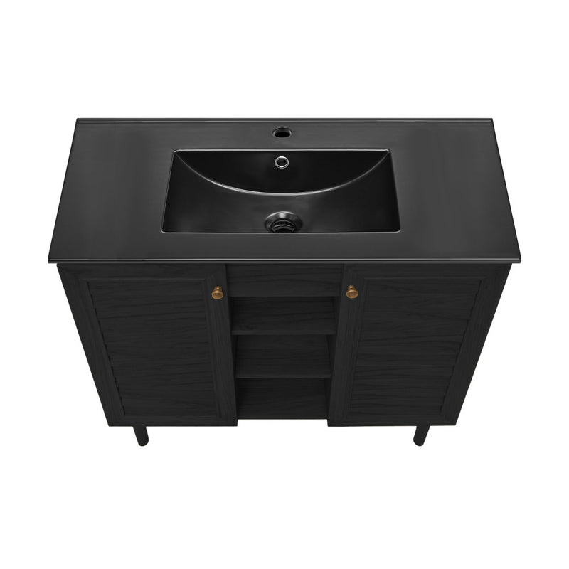 Bron 36" Freestanding Bathroom Vanity in Black Oak with Black Sink Top