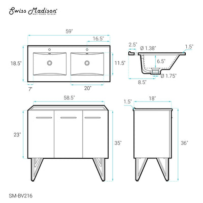Annecy 60" Freestanding Bathroom Vanity in White with Sink Top