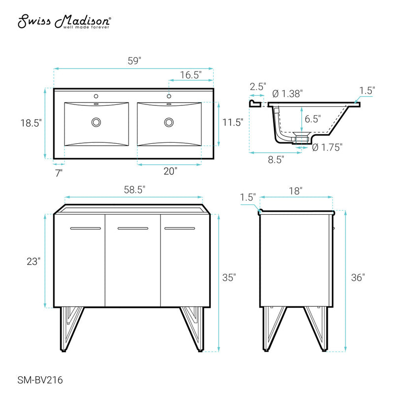 Annecy 60" Freestanding Bathroom Vanity in White with Sink Top