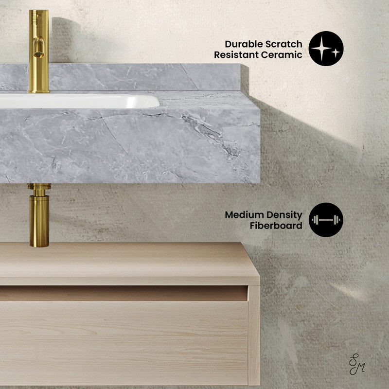 Avancer 36" Wall-Mounted Bathroom Vanity in White Oak with Storm Grey Sink Top
