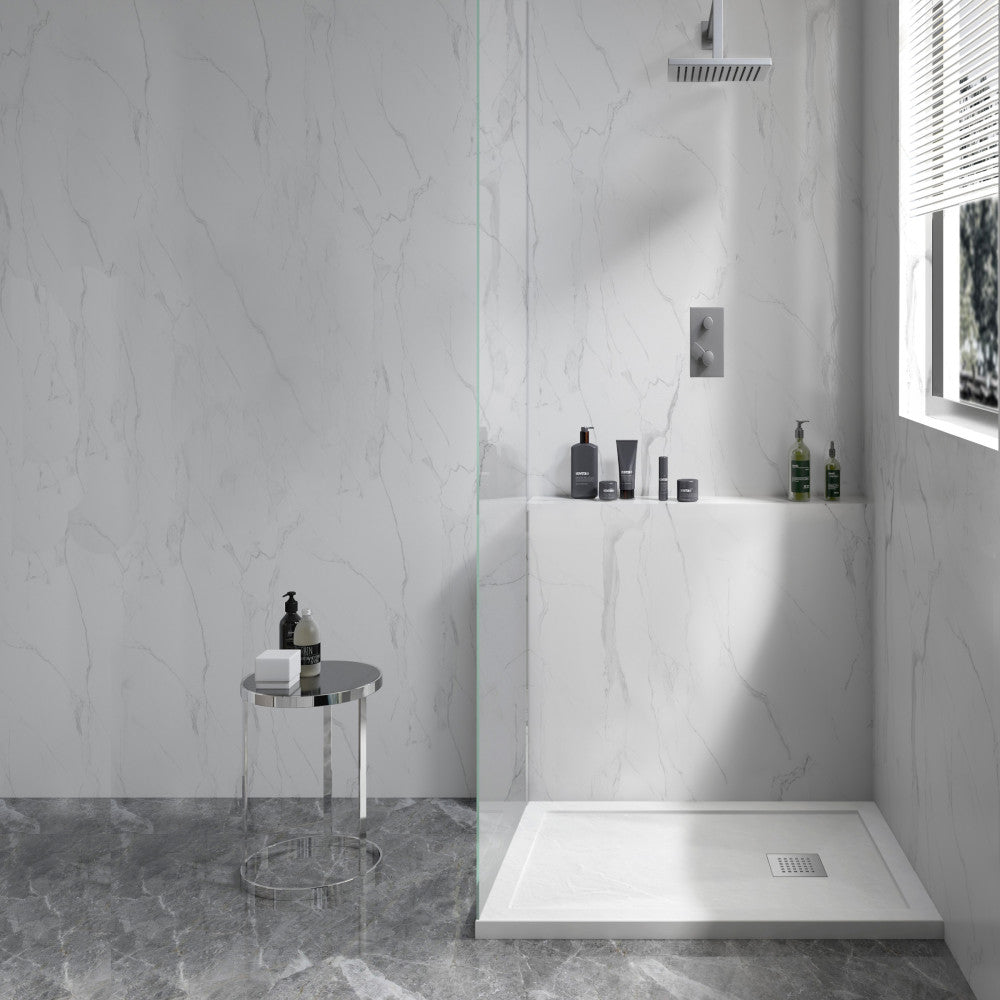 36" x 36" white shower base, Terre B series, reversible drain, square design.