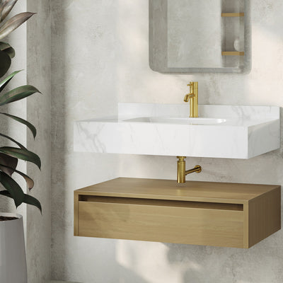 Avancer 36" Wall-Mounted Bathroom Vanity in Natural Oak with White Marble Sink Top