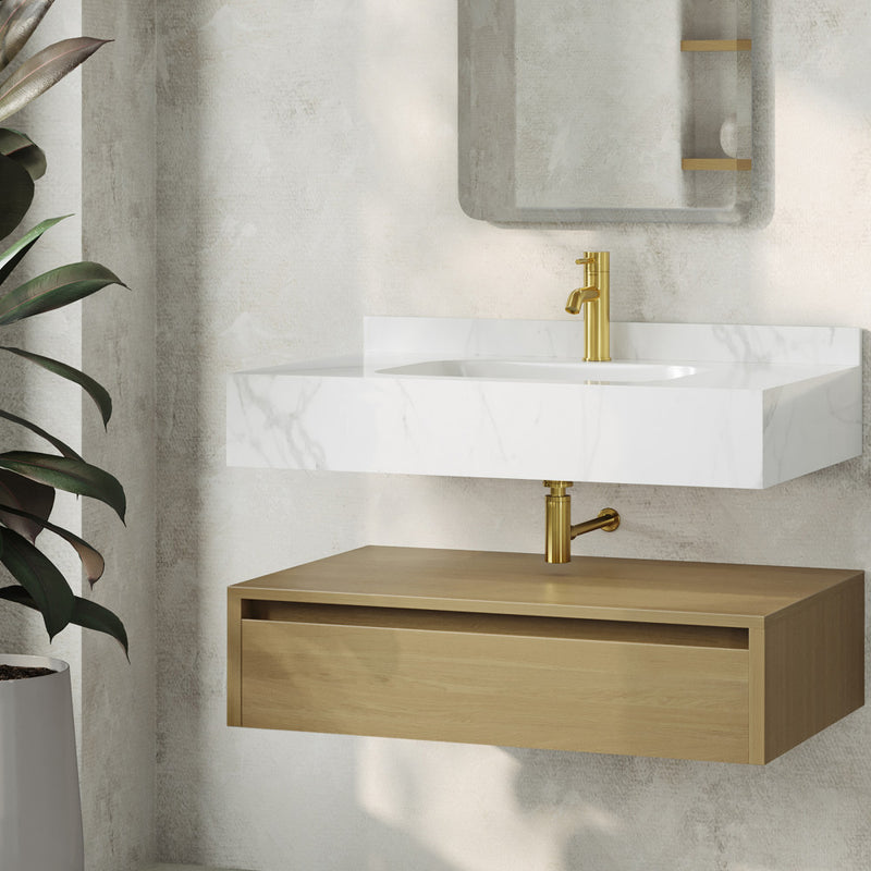 Avancer 36" Wall-Mounted Bathroom Vanity in Natural Oak with White Marble Sink Top