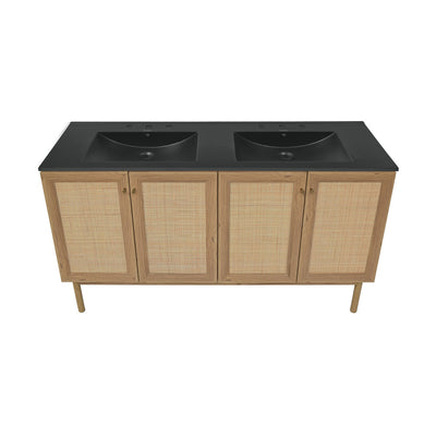 Classe 60" Freestanding Bathroom Vanity in Golden Oak with Black 3-Hole Widespread Double Basin Sink Top