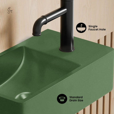 Lisse 16" Concrete Rectangle Wall-Mounted Sink with Right Side Faucet Mount in Matte Royal Green