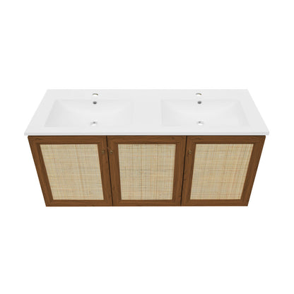 Classe 48" Wall-Mounted Bathroom Vanity in Brown Oak with Double Basin Sink Top