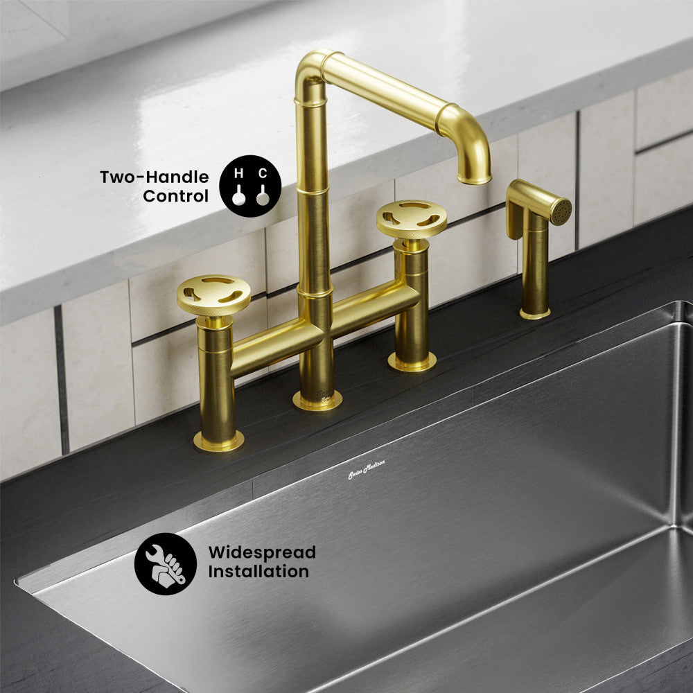 Avallon Pro Widespread Kitchen Faucet with Side Sprayer in Brushed Gold