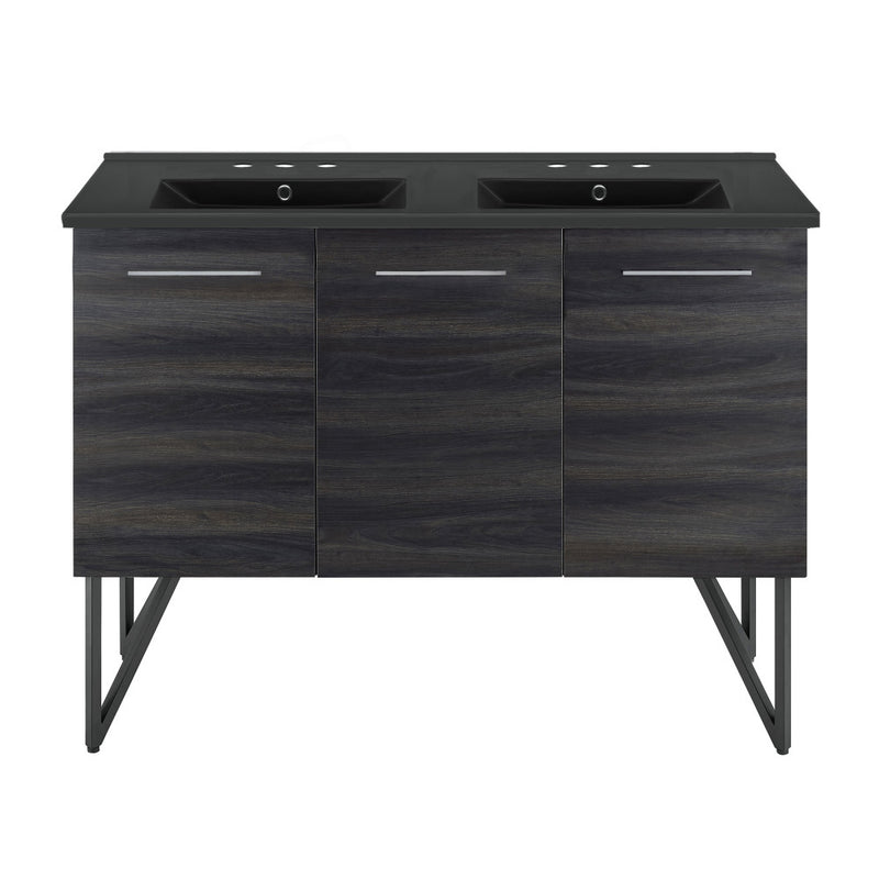 Annecy 48 in. Black Walnut, Double Basin Bathroom Vanity With Black, 3-Hole Ceramic Sink Top