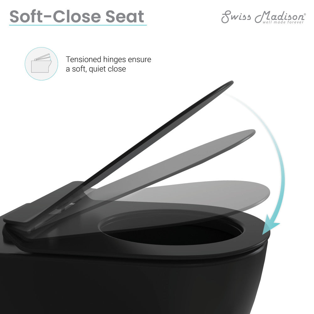 Elongated wall-hung toilet bowl in matte black with soft-close seat and streamlined modern design.
