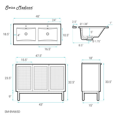 Classe 48 in. Brown Oak, Double Basin Bathroom Vanity With White Ceramic Sink Top