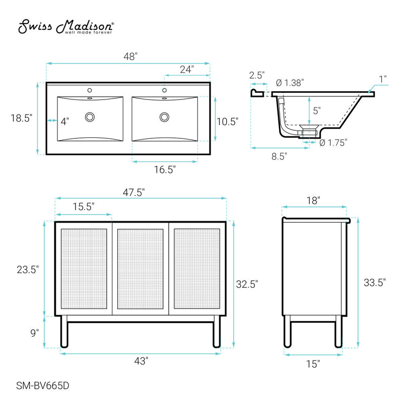 Classe 48 in. Brown Oak, Double Basin Bathroom Vanity With White Ceramic Sink Top